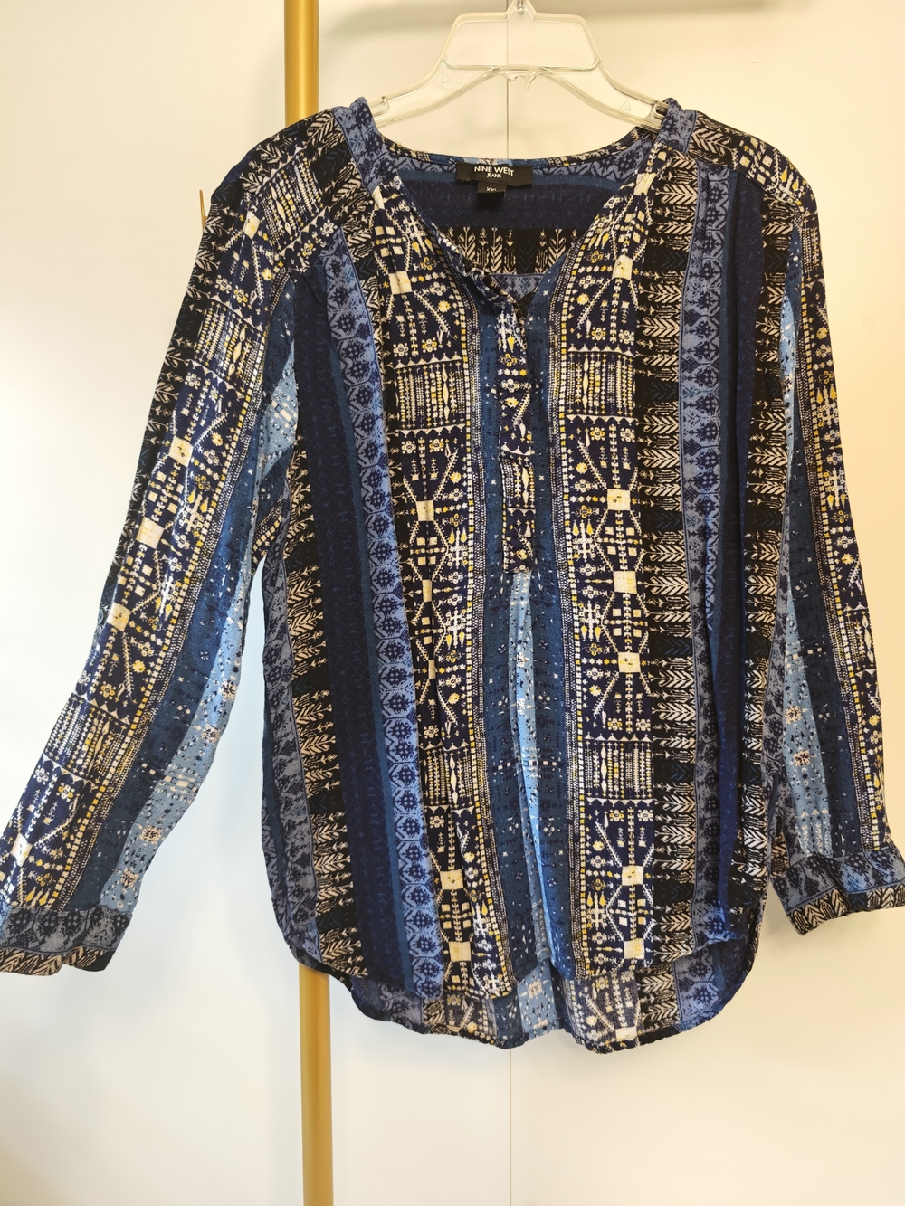 Nine West Navy and Light Blue Printed Long-Sleeve Blouse
